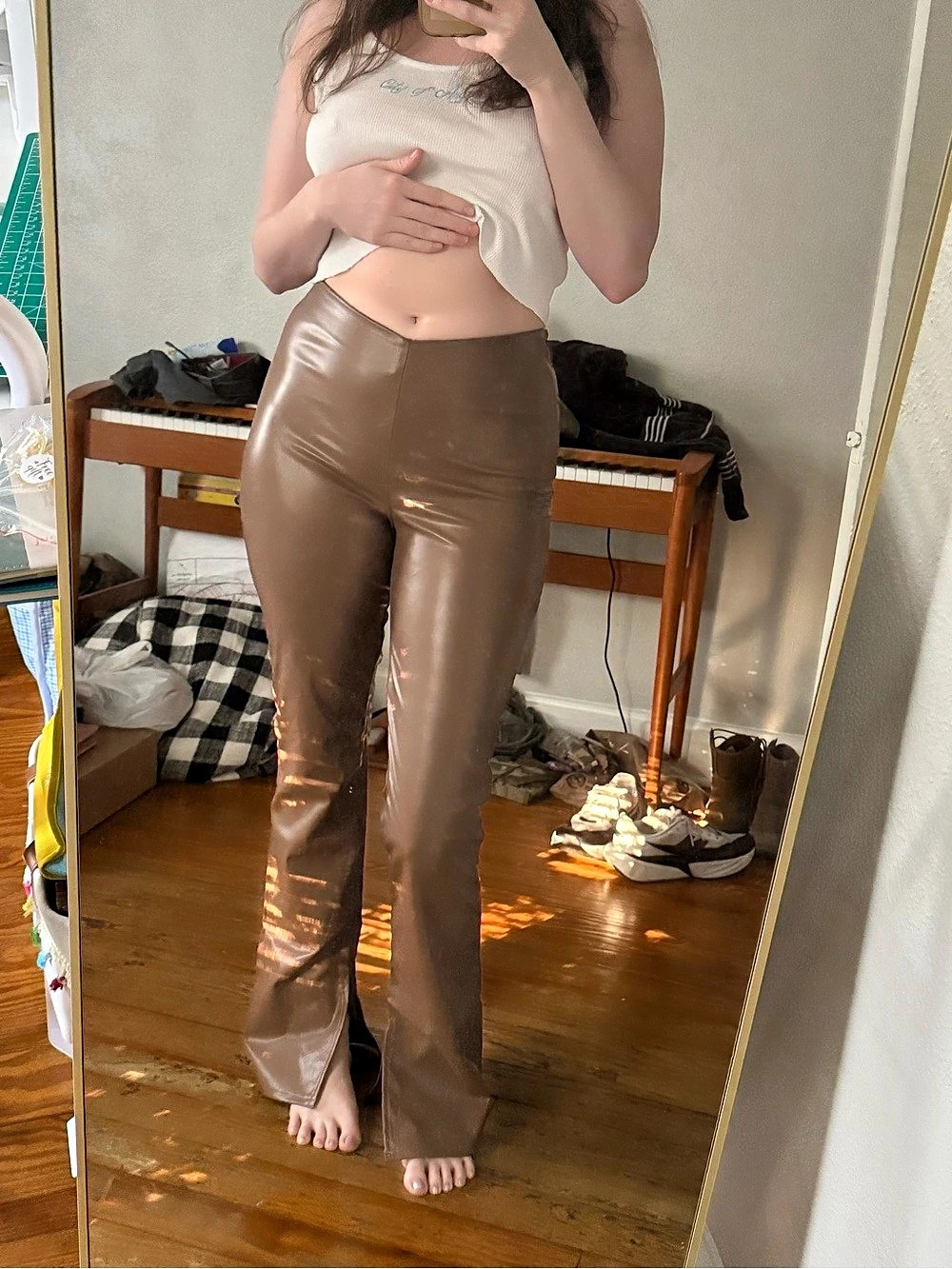 H&M Faux Leather Flare Pants Brown